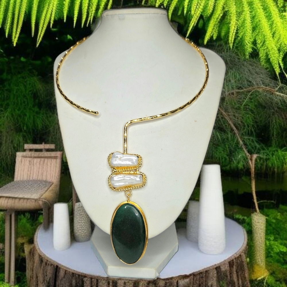 18k Gold Plated Green Adventurine Pyrite Freshwater Pearl Torque Necklace - Picture 6 of 6